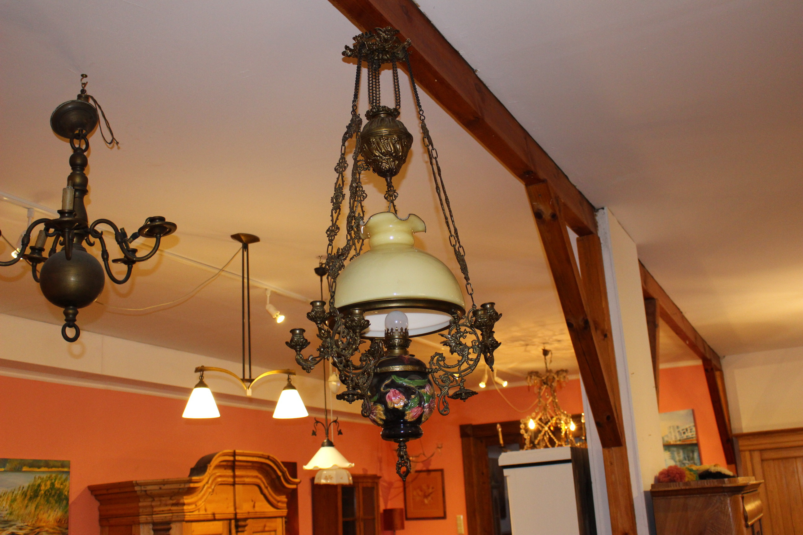 sehr schöne Jugendstil Lampe und Hängeleuchter, Majolica Keramik (Art.-Nr. 04289)