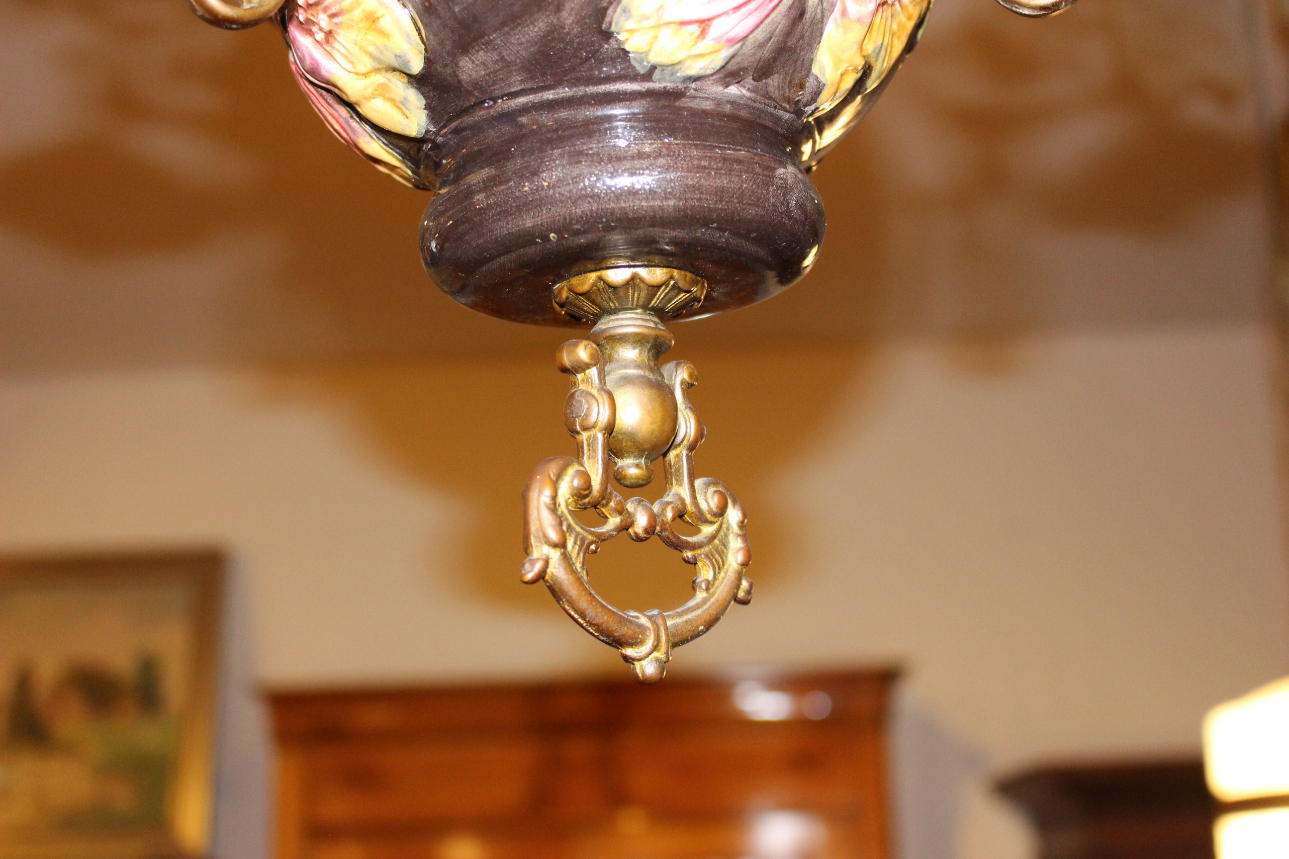 sehr schöne Jugendstil Lampe und Hängeleuchter, Majolica Keramik (Art.-Nr. 04289)
