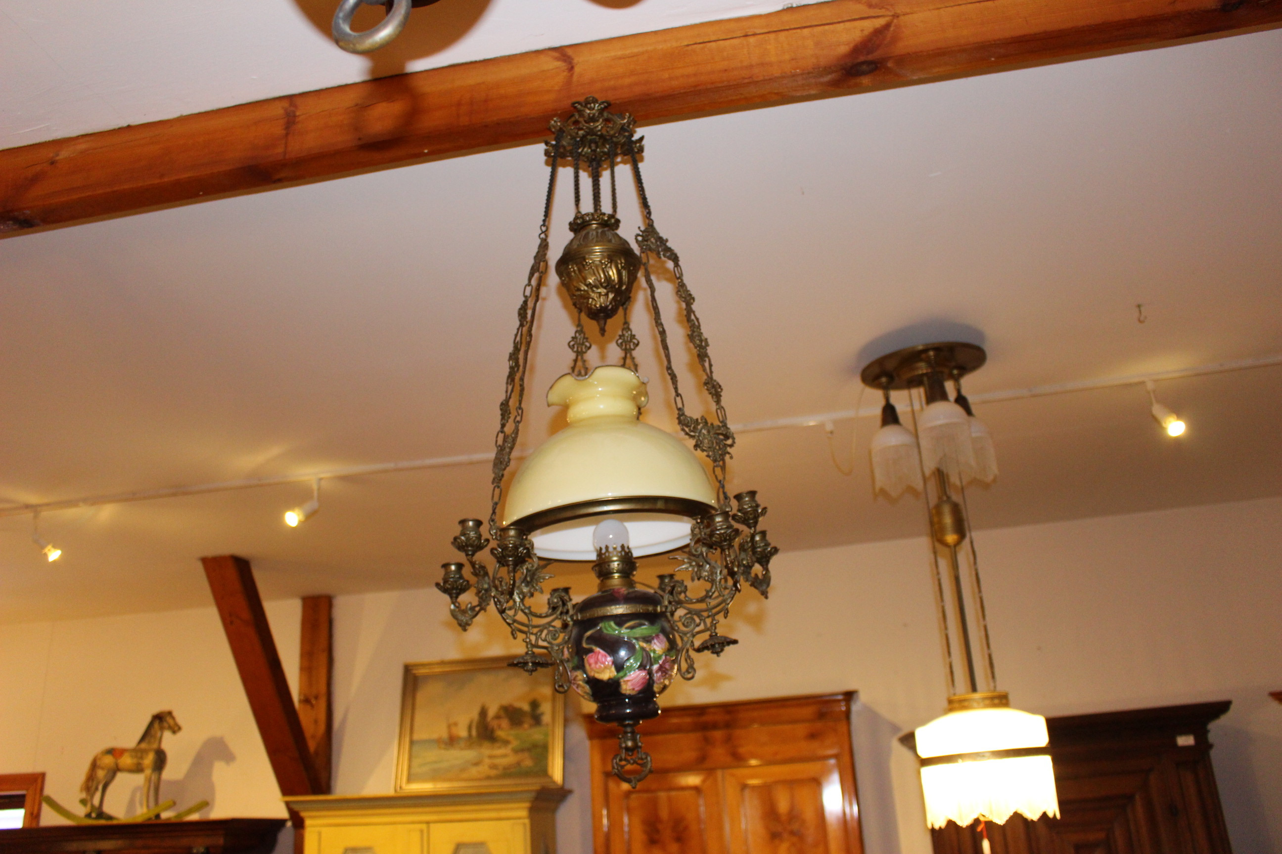 sehr schöne Jugendstil Lampe und Hängeleuchter, Majolica Keramik (Art.-Nr. 04289)